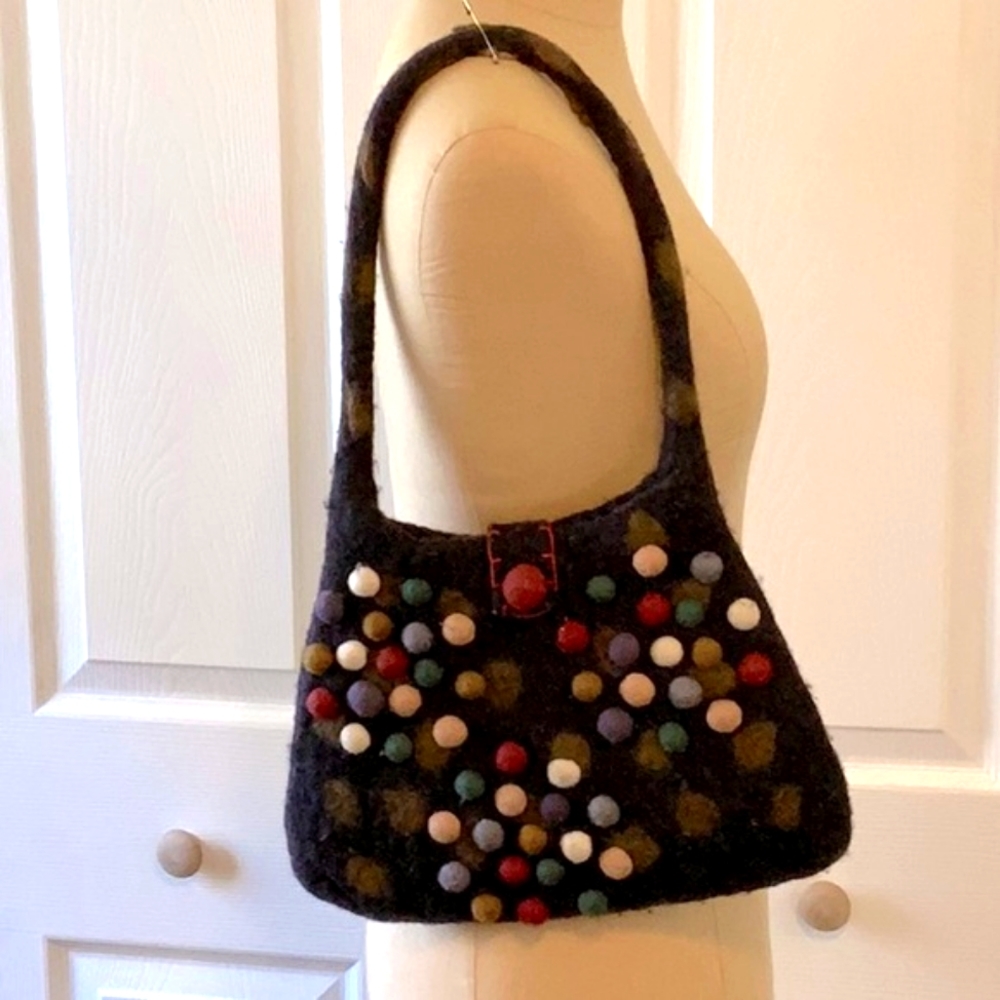 RISING TIDE- Handbag- Dark Grey with Colored Balls- Wool- Made in Nepal